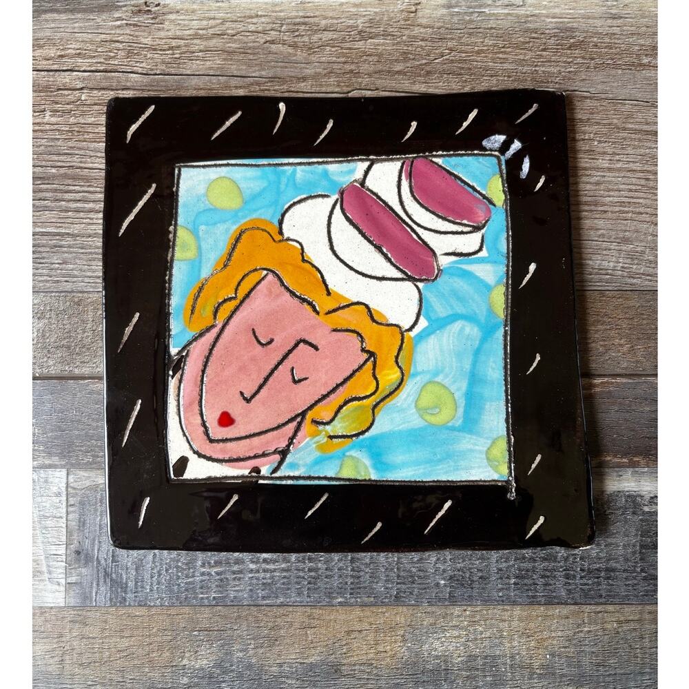 VTG SANDRA MAGSAMEN Hand-Painted Ceramic Art Tile Whimsical "Espresso Yourself"